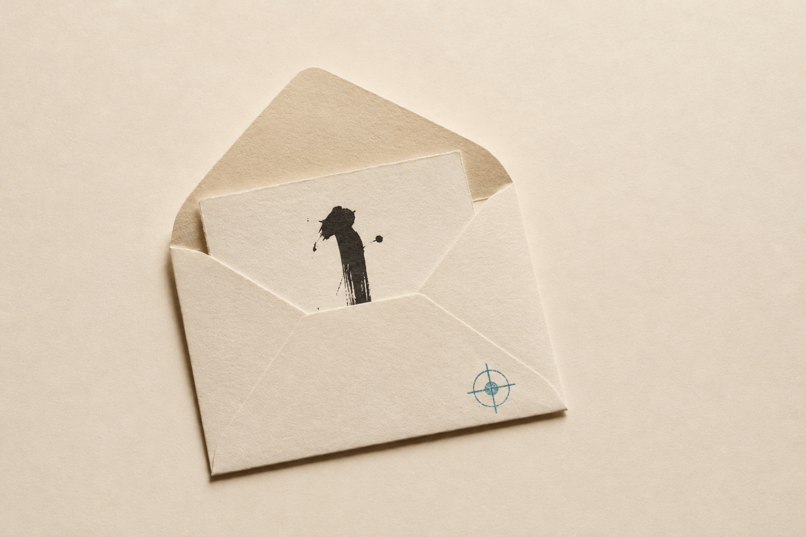 An opened envelope with a handwritten note and a small crosshair stamp in the corner