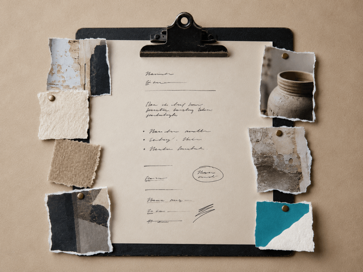 A clipboard holding a handwritten design brief surrounded by fabric swatches and reference images
