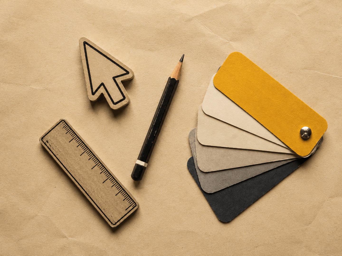 A flat lay of design tools including a cursor icon, ruler, pencil and a fanned set of colour swatches